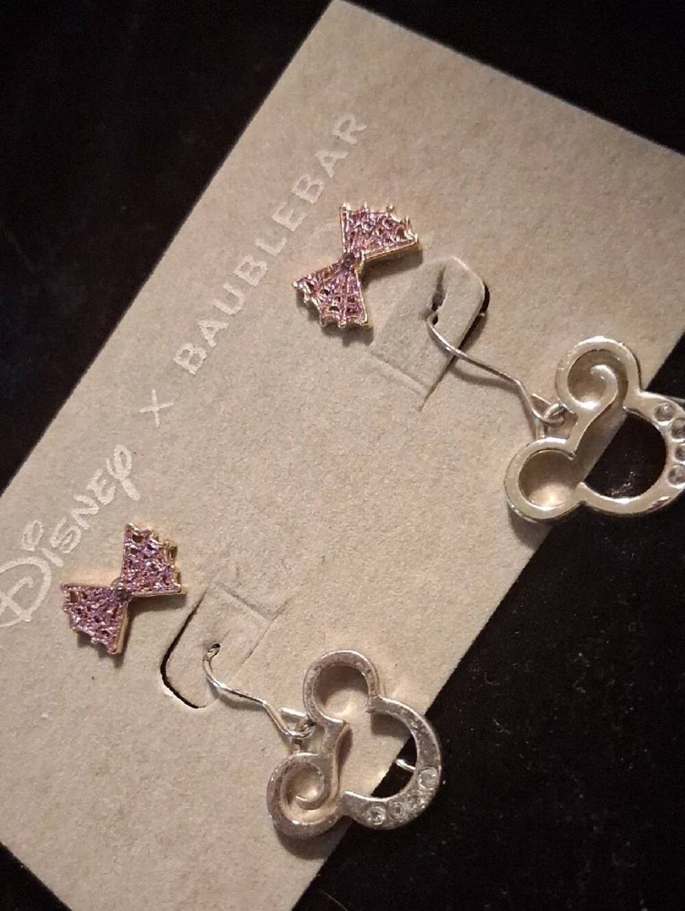 BaubleBar Kids Pink Bow with Silver Mickey Drop Earrings